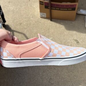 Vans Peach and White Checkered Slip-On Sneakers